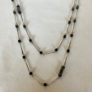 Gun Metal Necklace Charcoal Grey Beads Silver Chain Handcrafted Long New OOAK